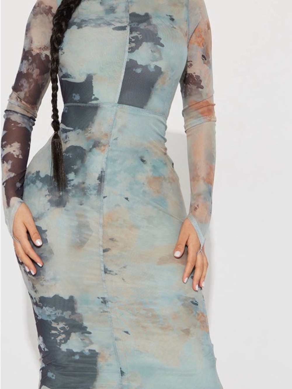 Fashion Nova Tie-Dye Long Sleeve Bodycon Dress in Blue and Brown
